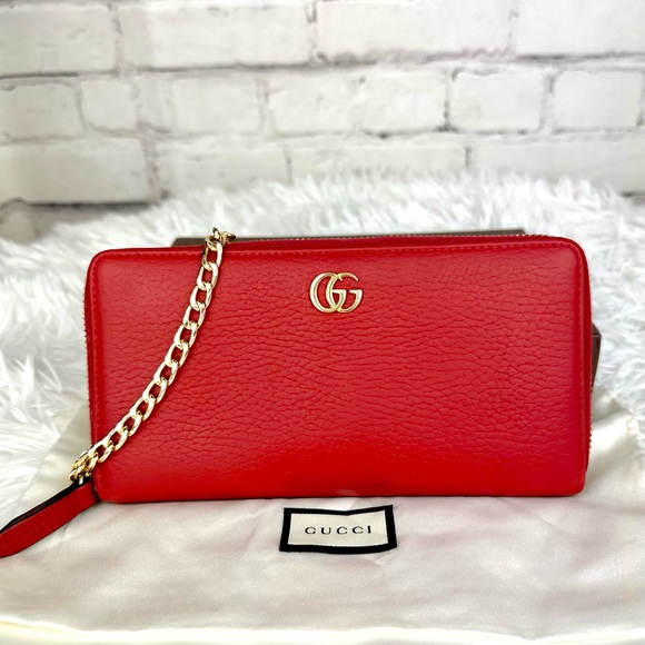 None Handbags - Gucci Marmont red leather zip around zippy wallet on chain crossbody WOC